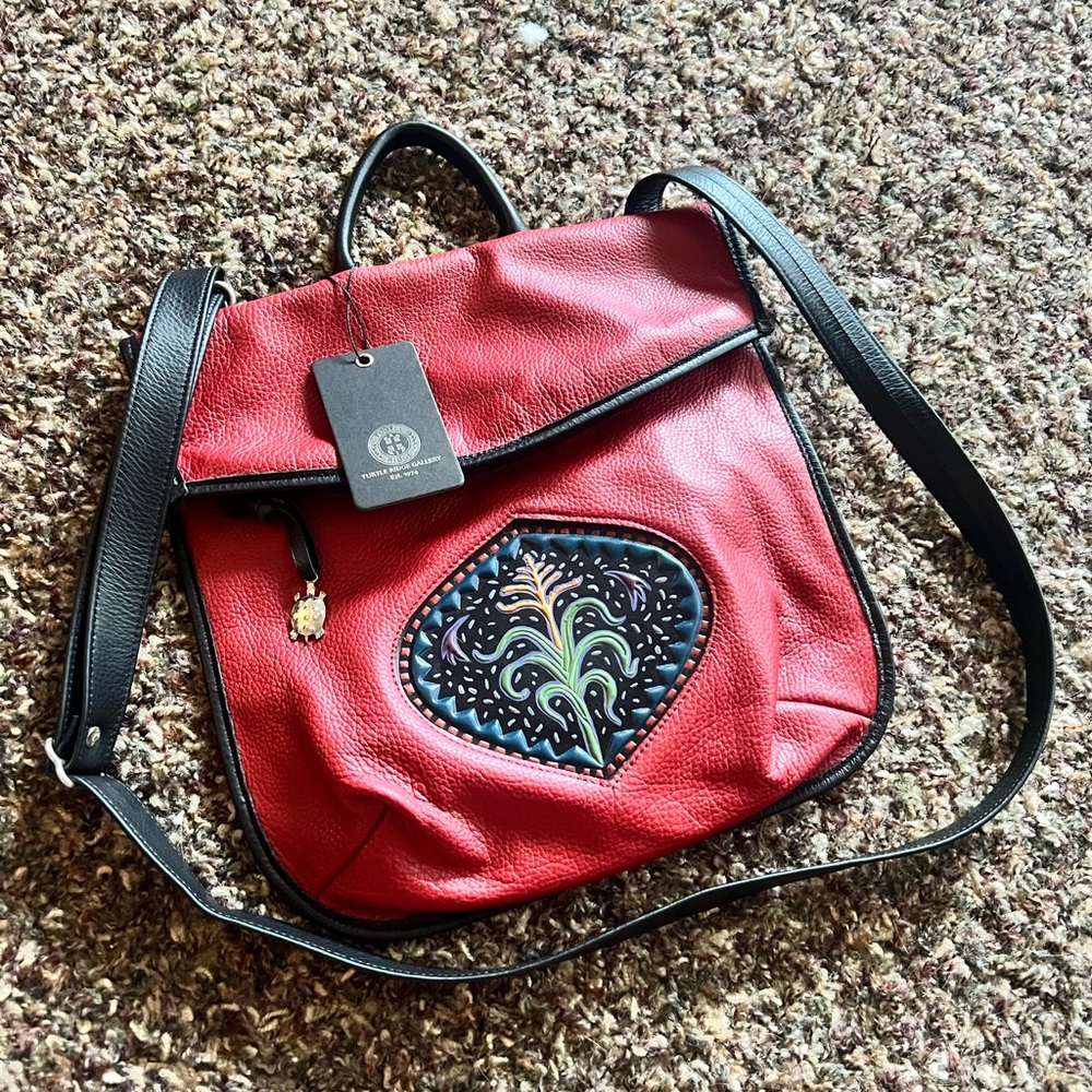 Red Leather Women's Bag with Embroidered Design